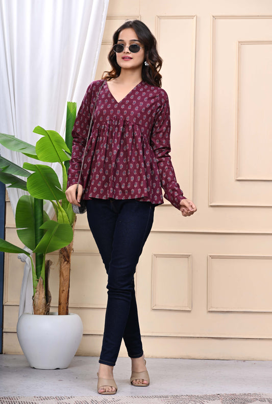 Maroon - Floral Print Sanganeri Women's Top