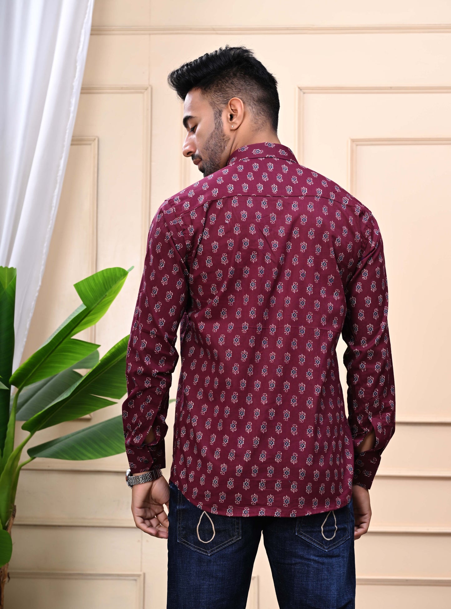 Maroon - Floral Print Sanganeri Shirt