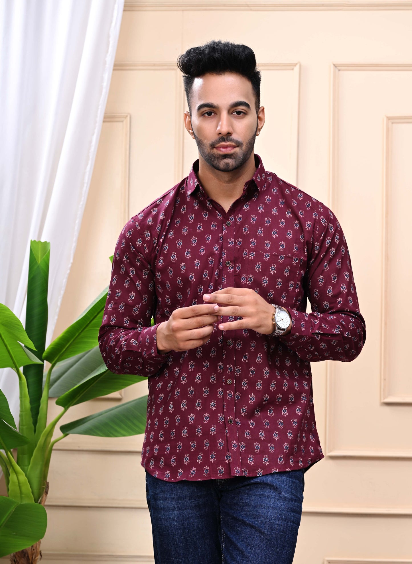 Maroon - Floral Print Sanganeri Shirt