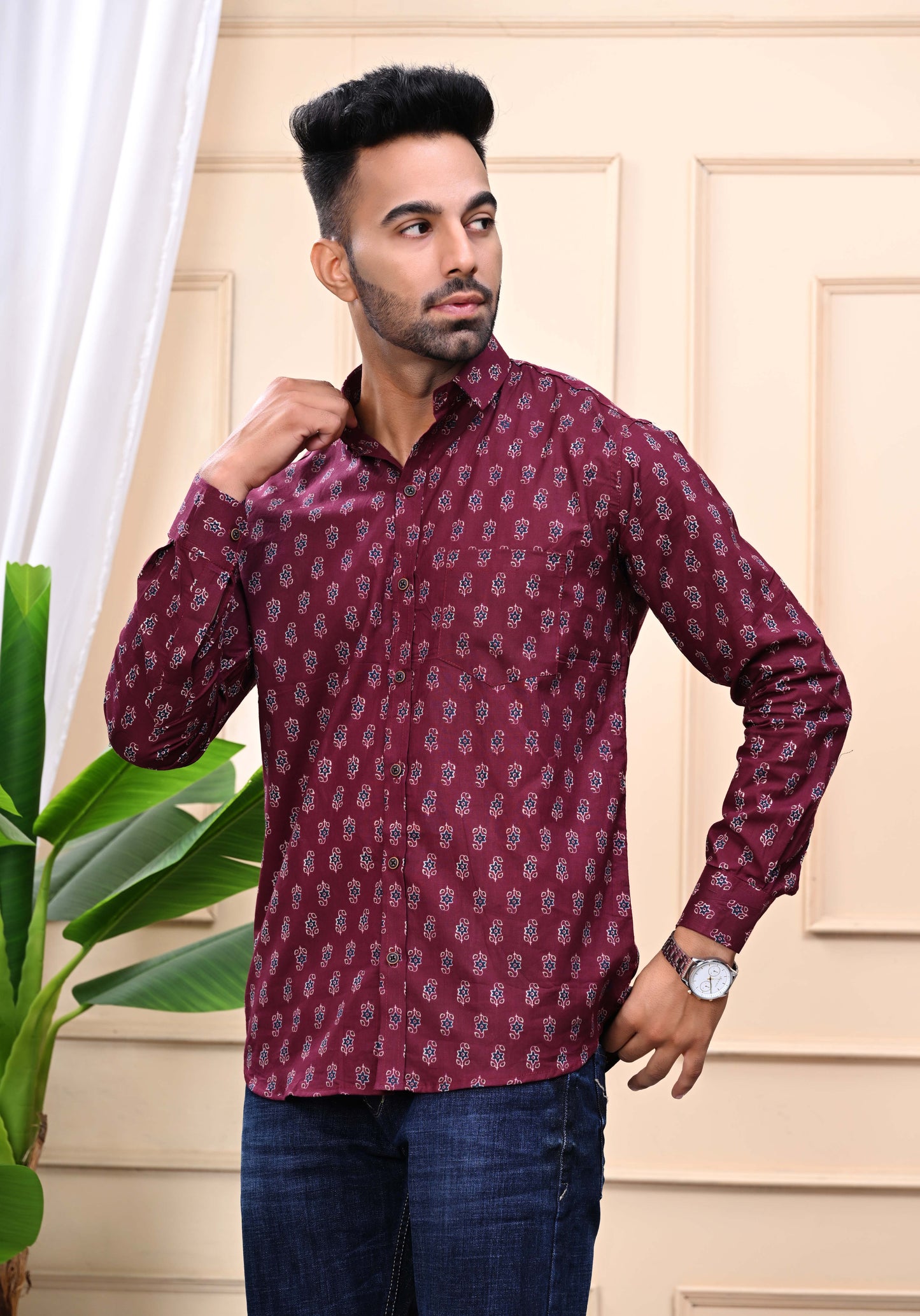 Maroon - Floral Print Sanganeri Shirt