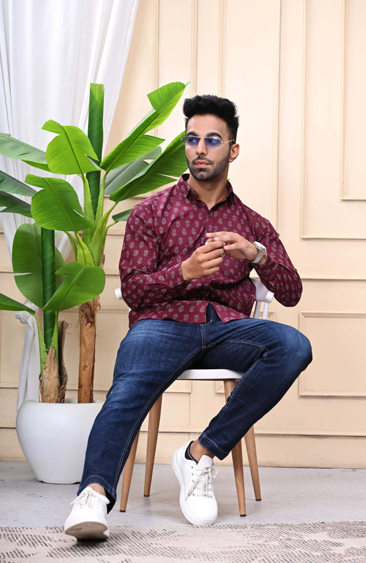 Maroon - Floral Print Sanganeri Shirt