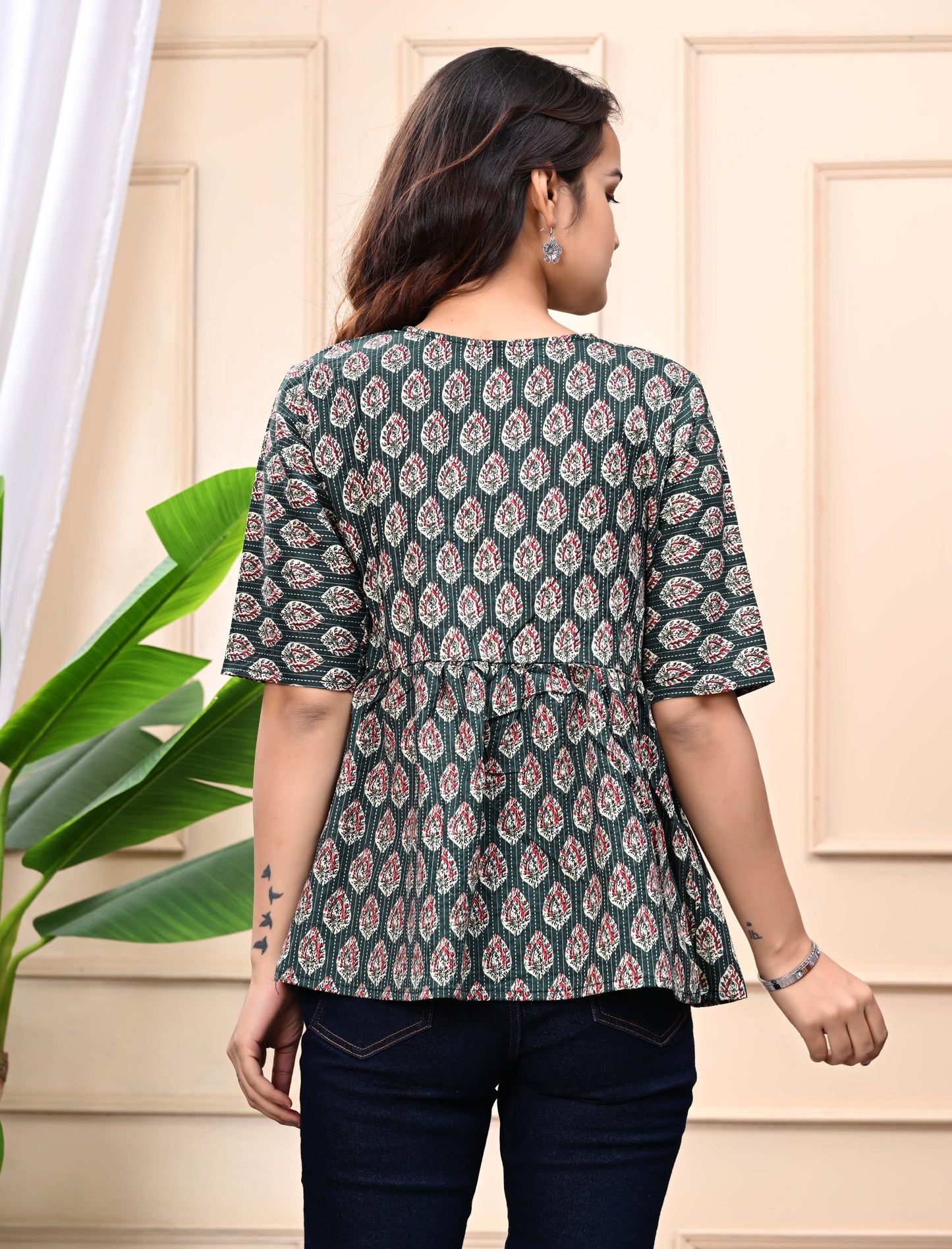 Green - Floral Print Sanganeri Women's Top