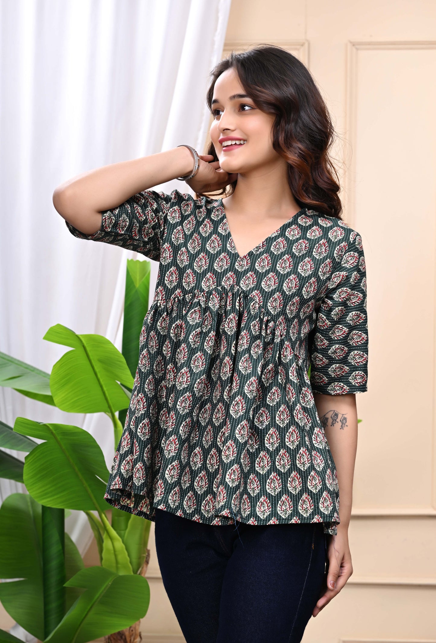 Green - Floral Print Sanganeri Women's Top
