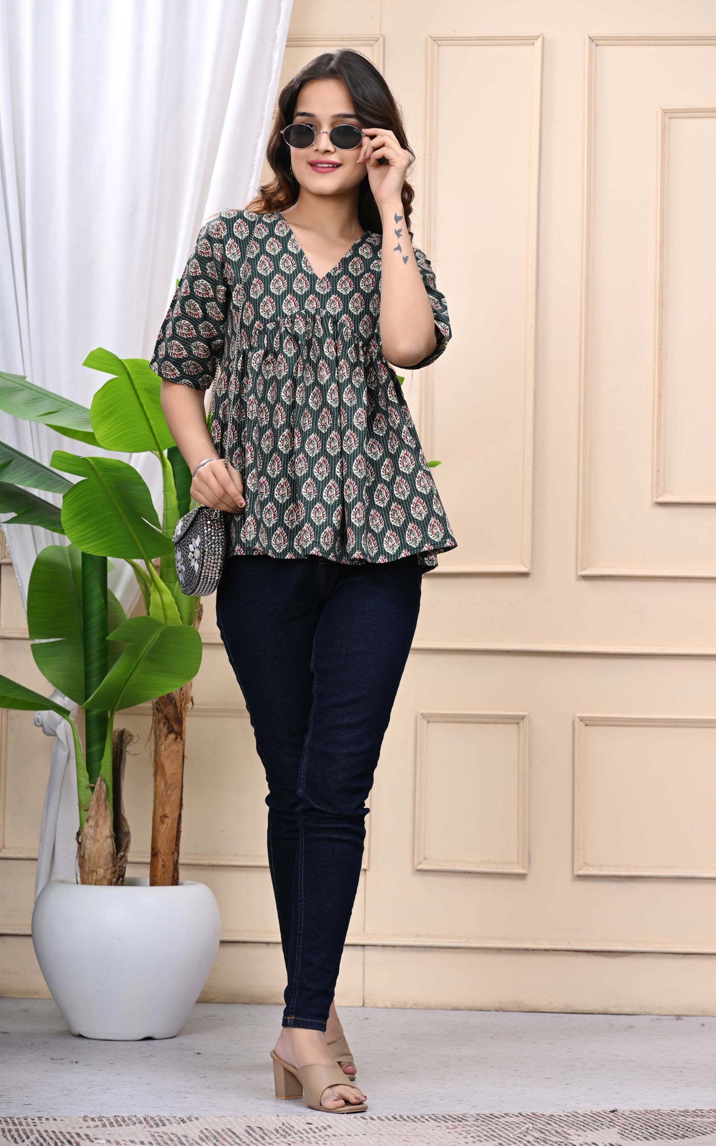 Green - Floral Print Sanganeri Women's Top