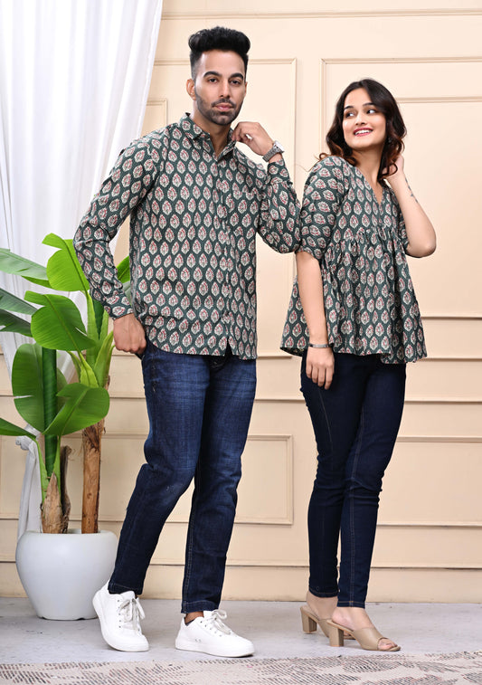 Green Floral Print Sanganeri Combo