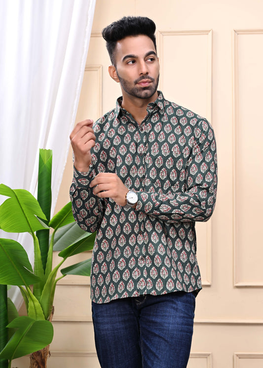 Green - Floral Print Sanganeri Shirt
