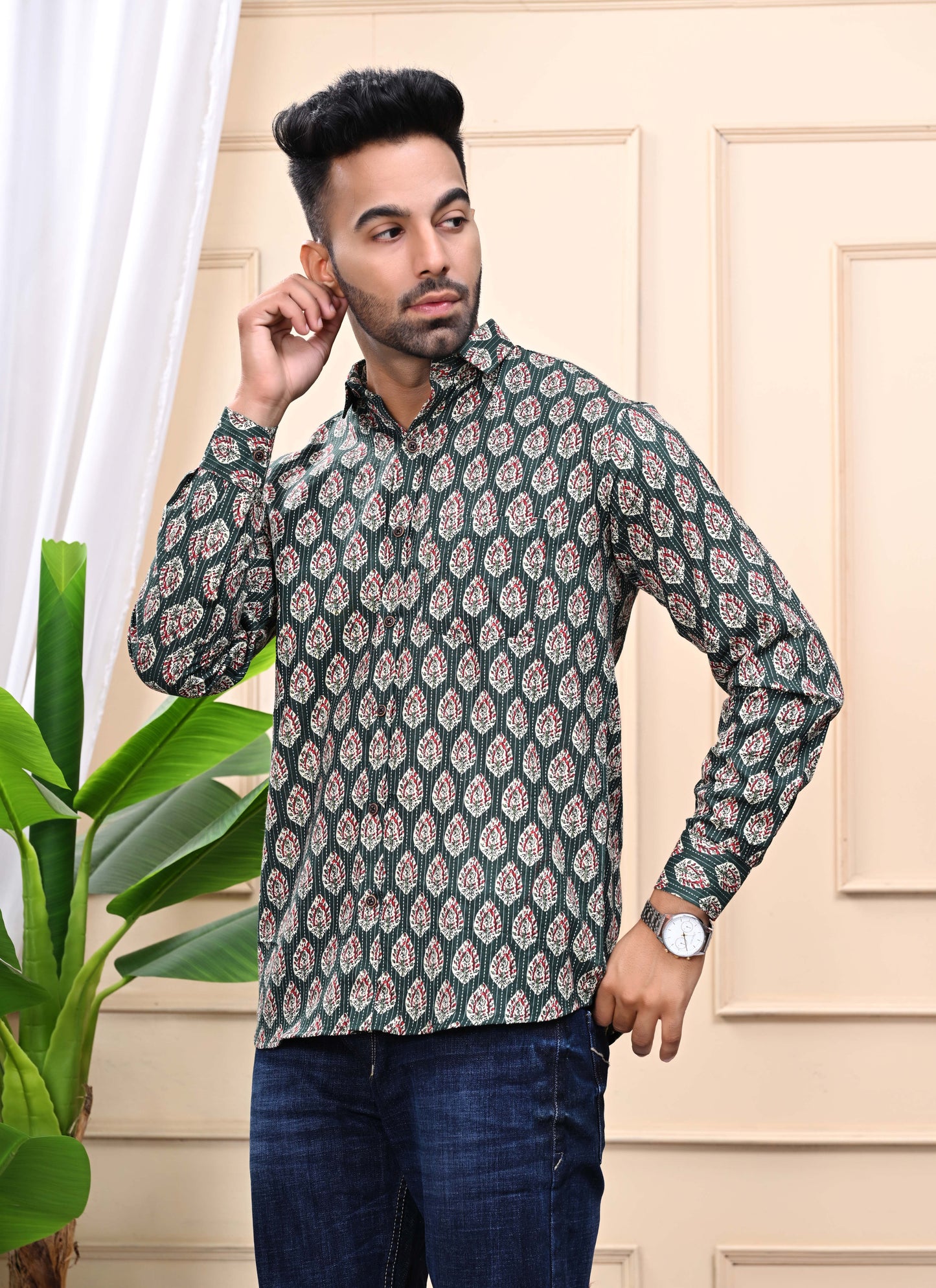Green - Floral Print Sanganeri Shirt