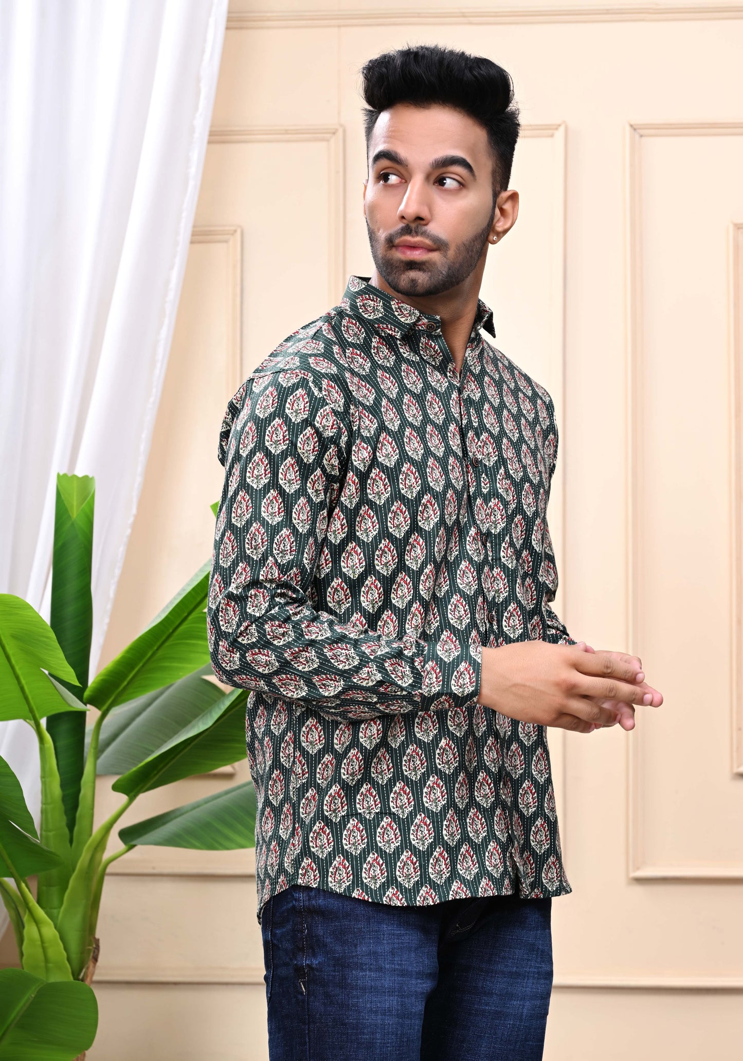 Green - Floral Print Sanganeri Shirt