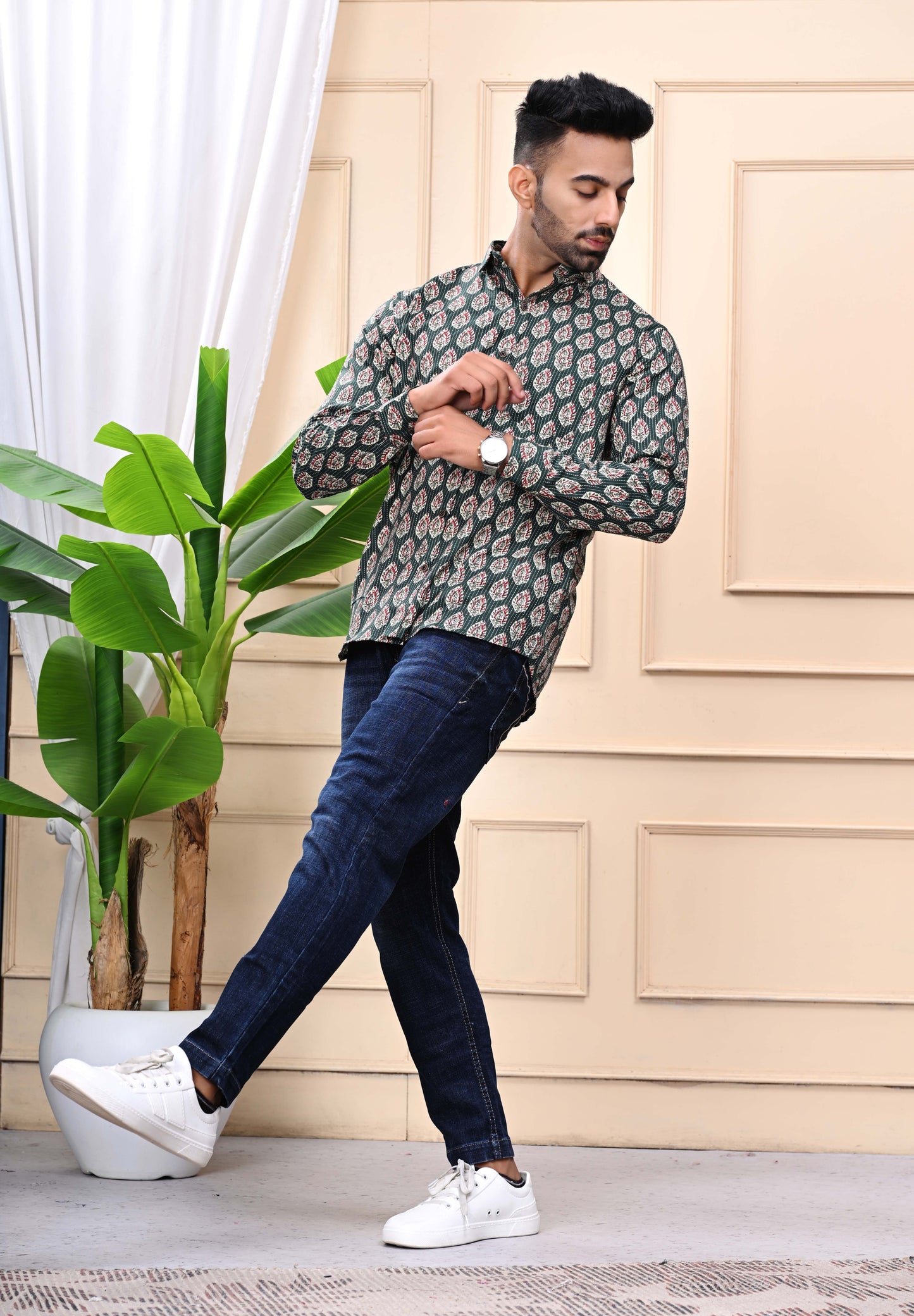 Green - Floral Print Sanganeri Shirt