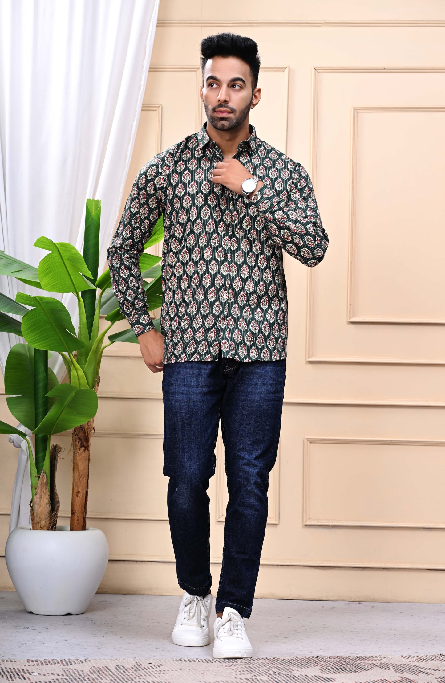 Green - Floral Print Sanganeri Shirt