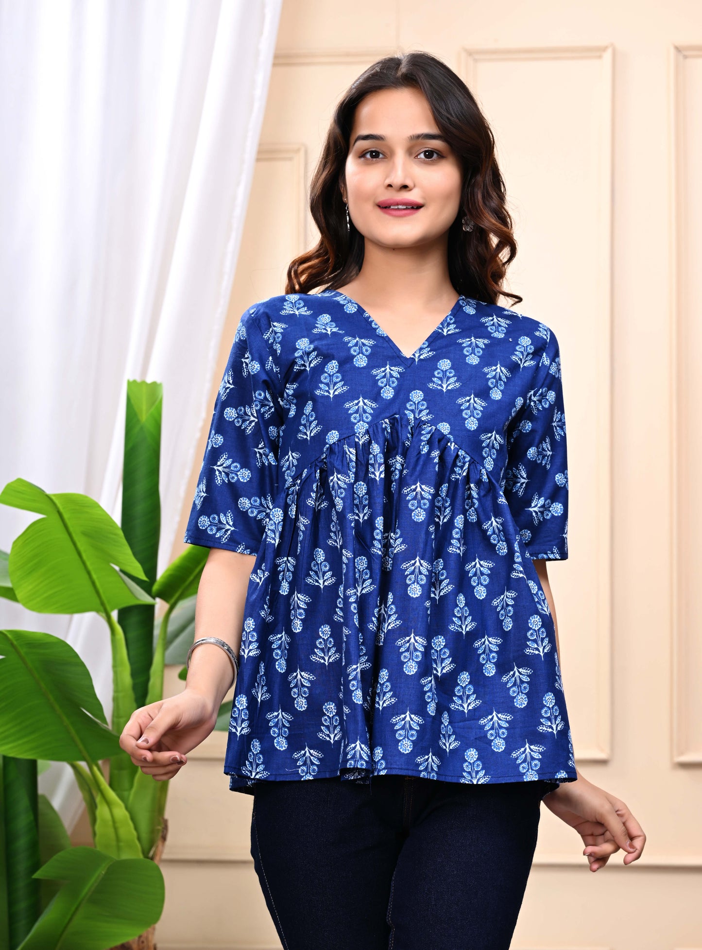 Blue Floral Sanganeri Women's Top