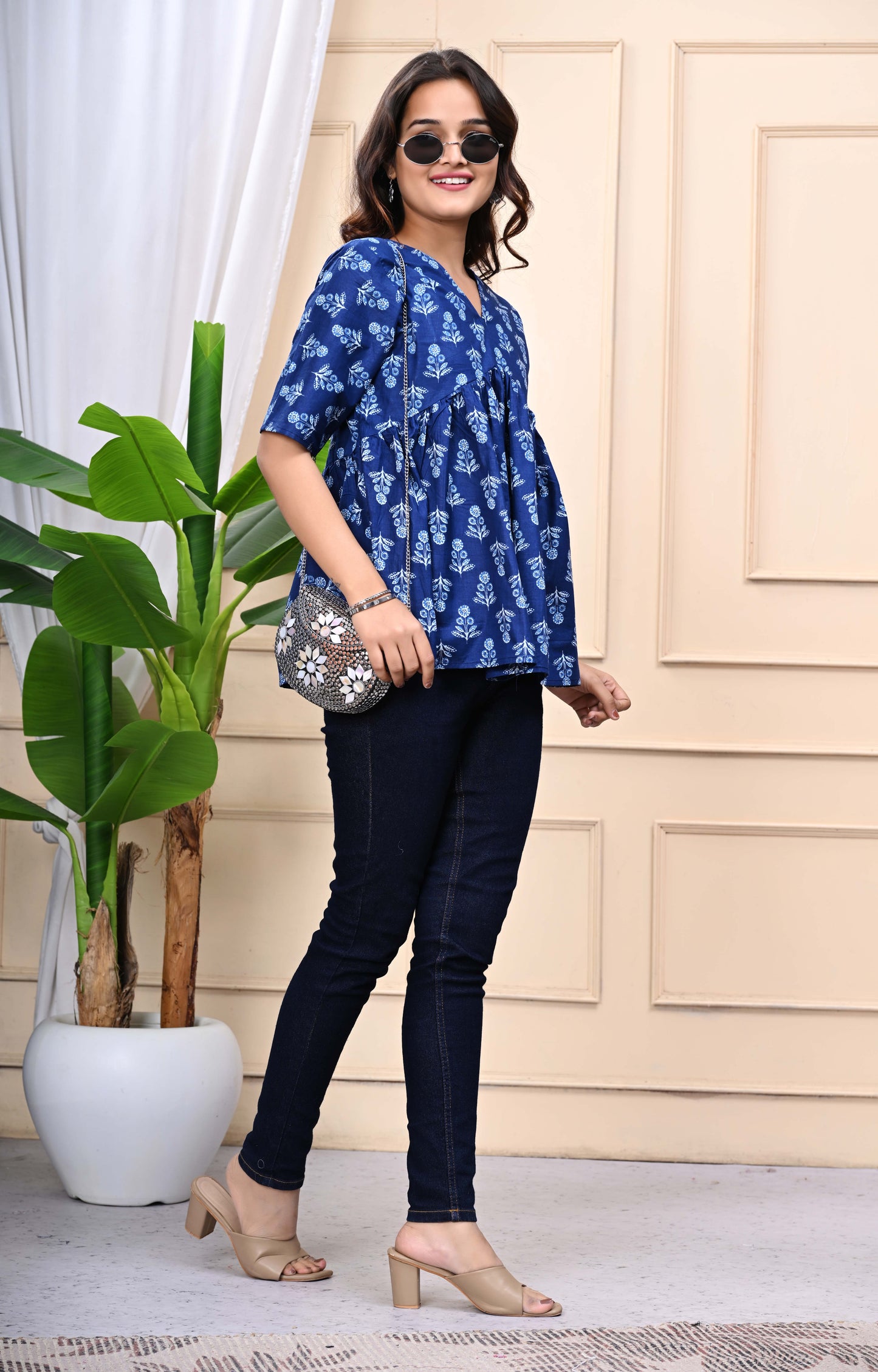 Blue Floral Sanganeri Women's Top