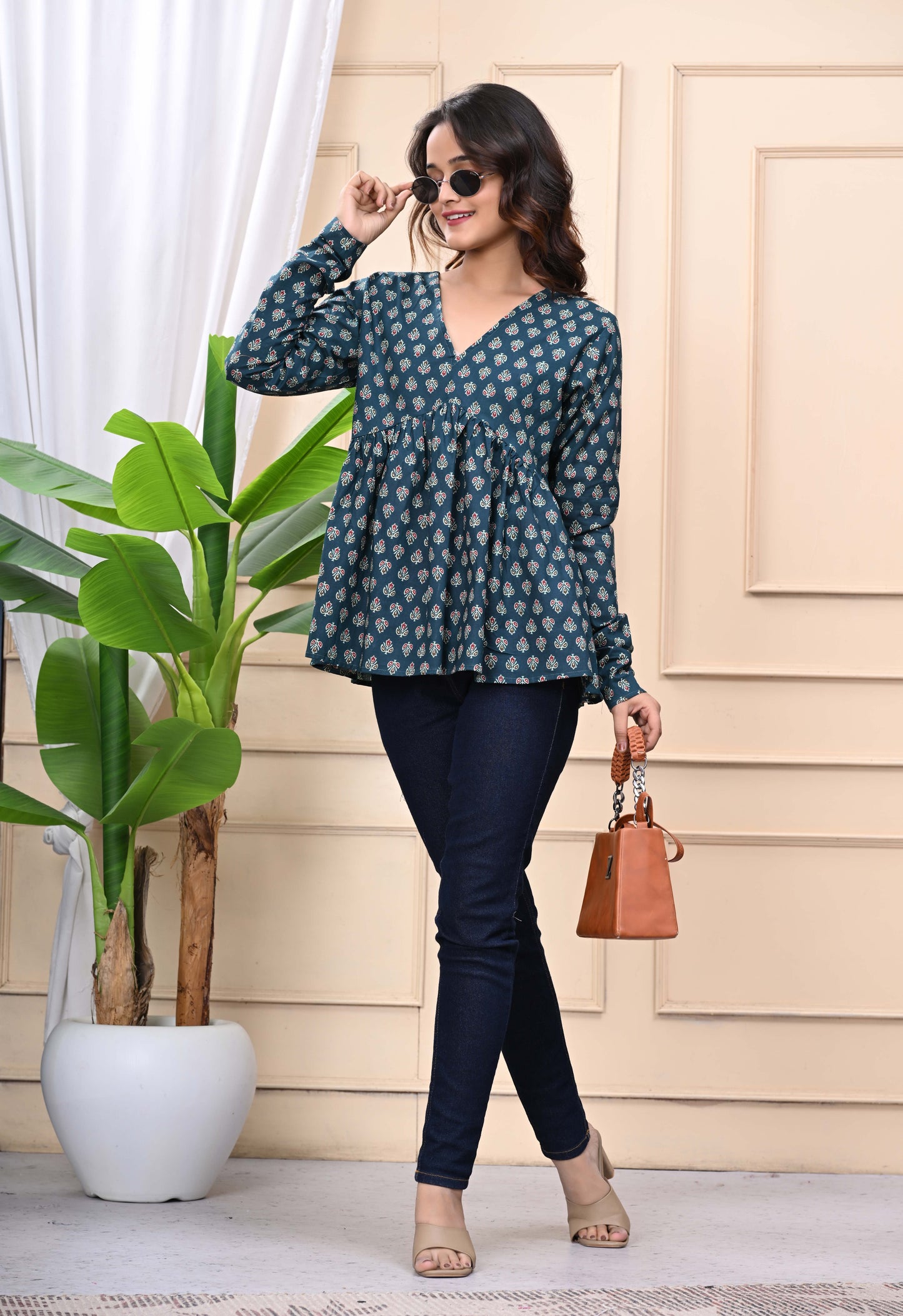 Green - Gold Classic Sanganeri Women's Top