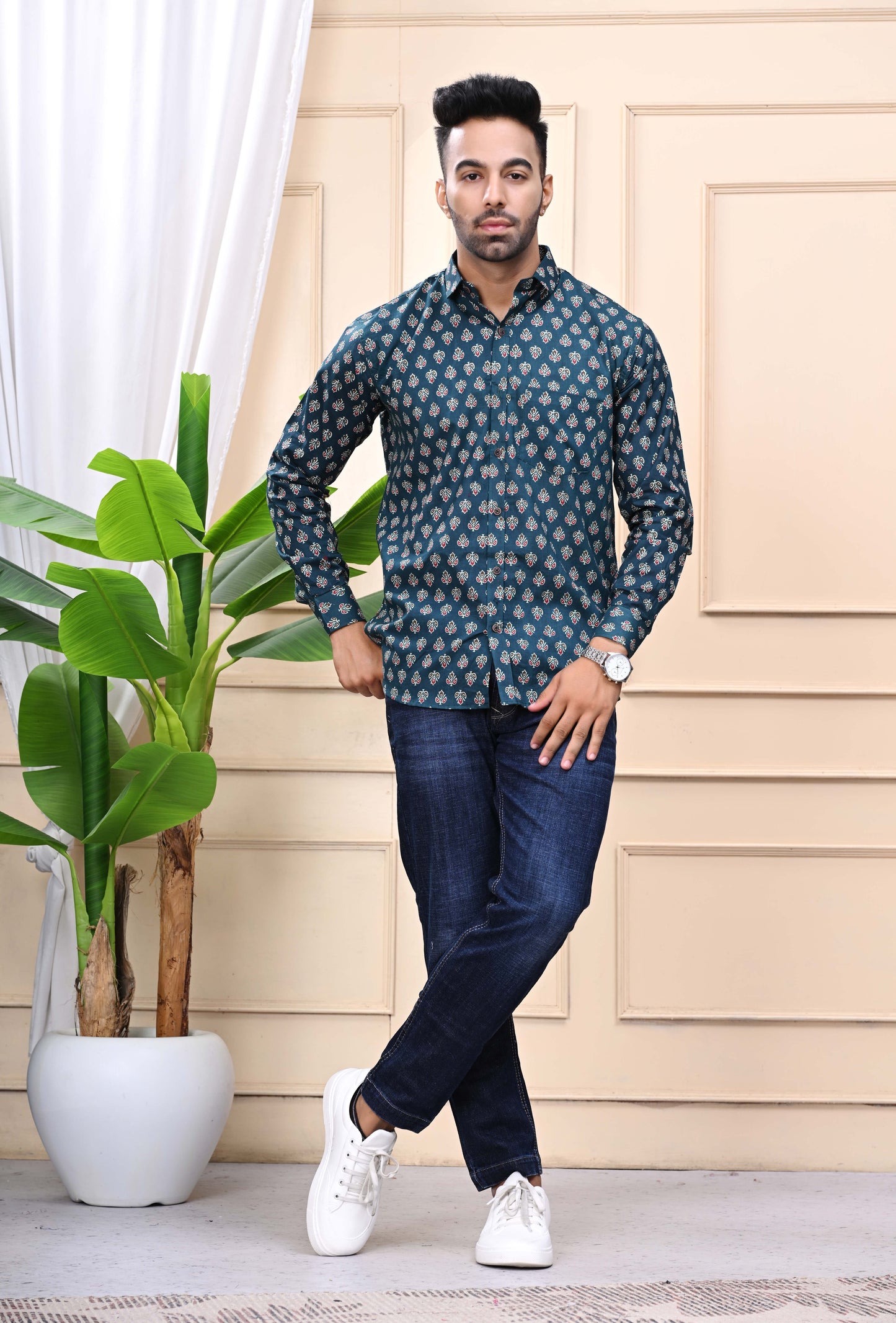 Green - Gold Classic Sanganeri Shirt