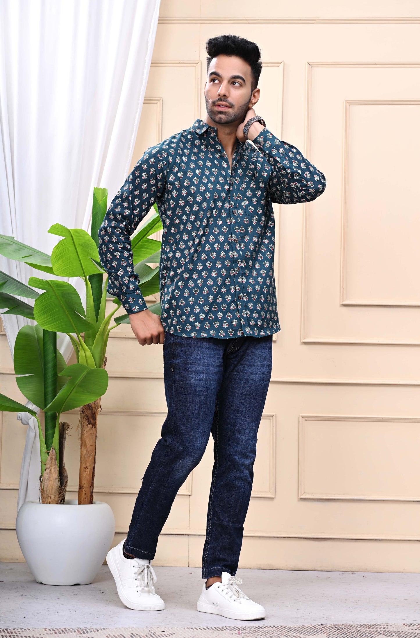 Green - Gold Classic Sanganeri Shirt