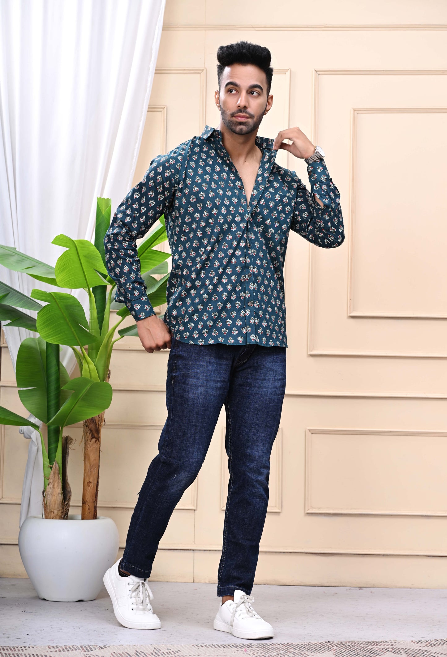 Green - Gold Classic Sanganeri Shirt