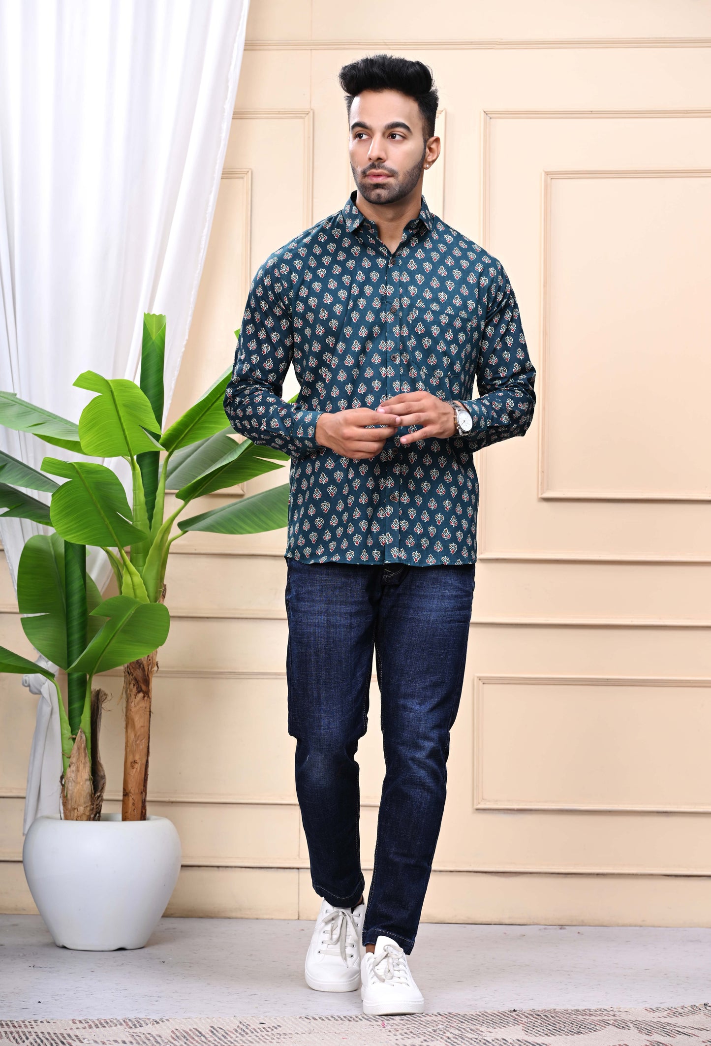 Green - Gold Classic Sanganeri Shirt