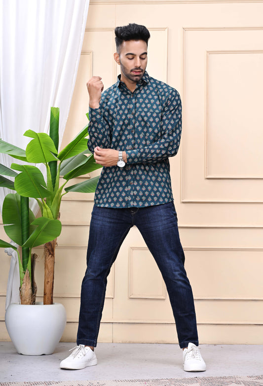 Green - Gold Classic Sanganeri Shirt