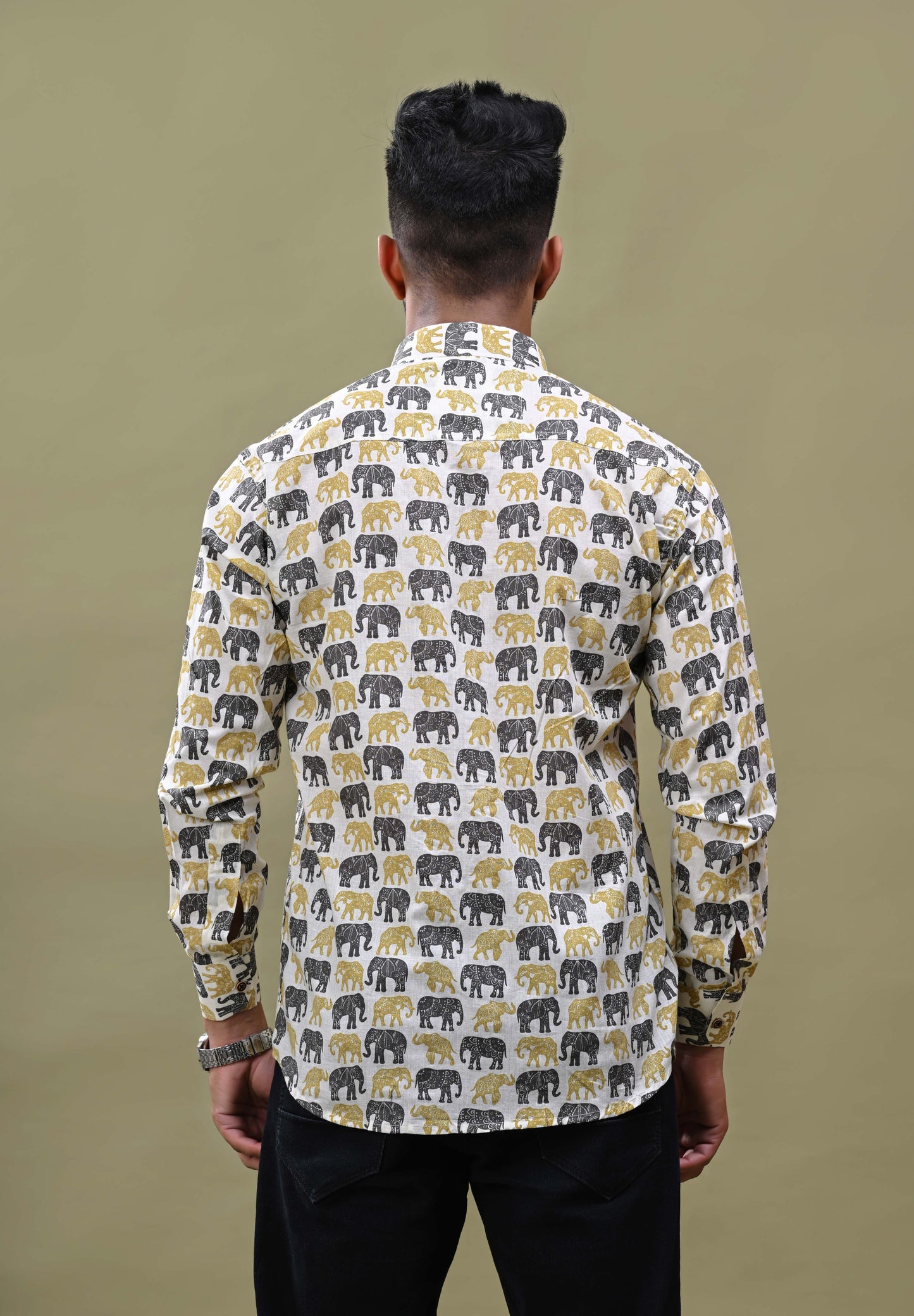 Black Yellow Elephant Printed Sanganeri Shirt