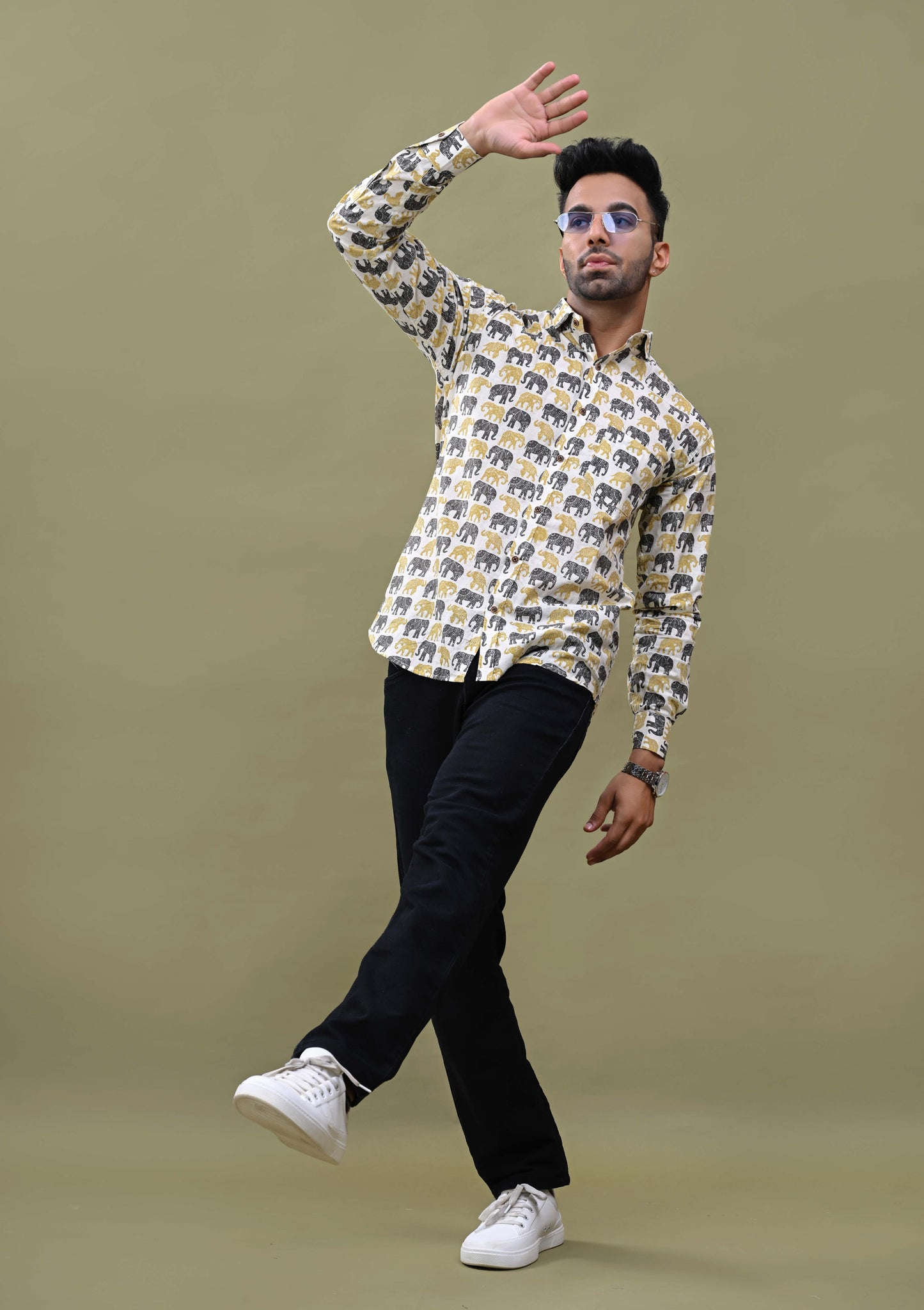 Black Yellow Elephant Printed Sanganeri Shirt