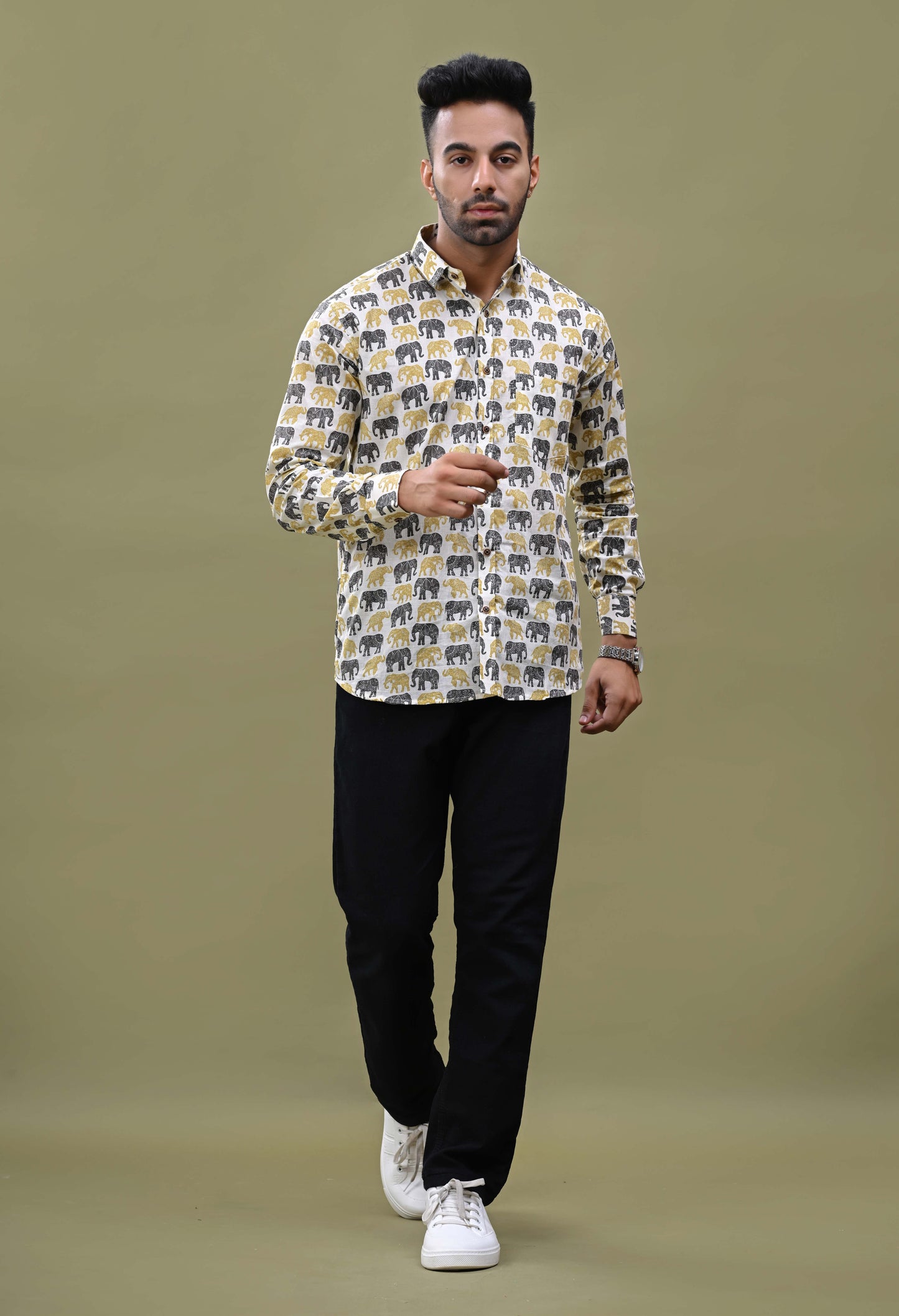 Black Yellow Elephant Printed Sanganeri Shirt