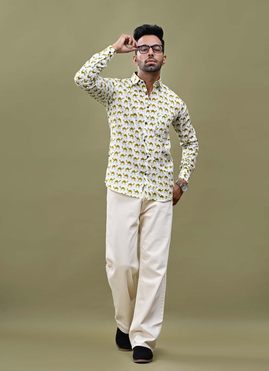 Camel Printed Sanganeri Printed Cotton Shirt