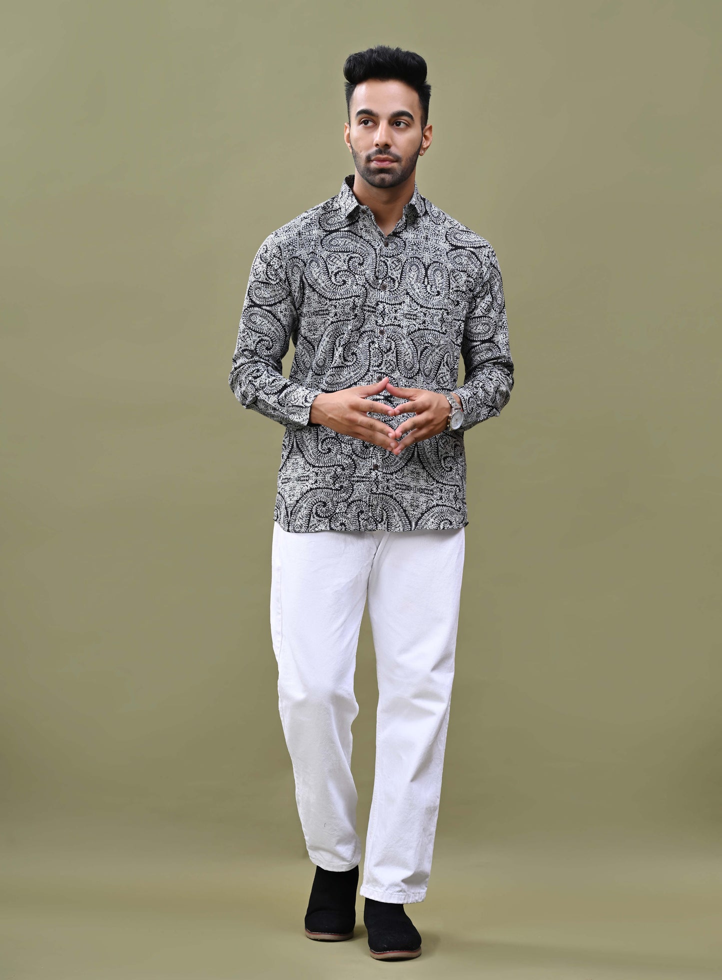 Black Full Sleeves Rajasthani Print Shirt