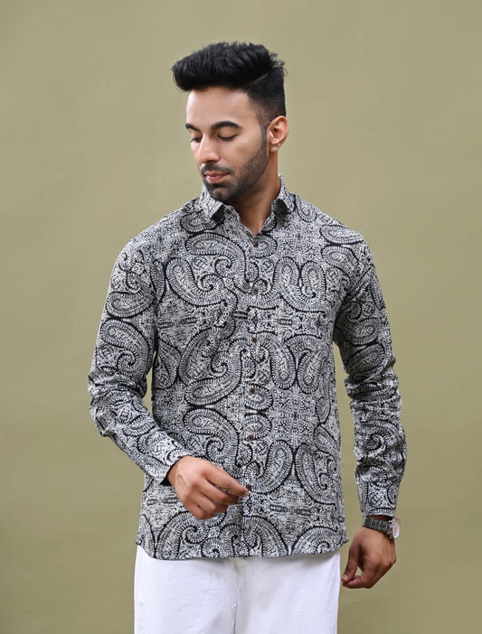 Black Full Sleeves Rajasthani Print Shirt