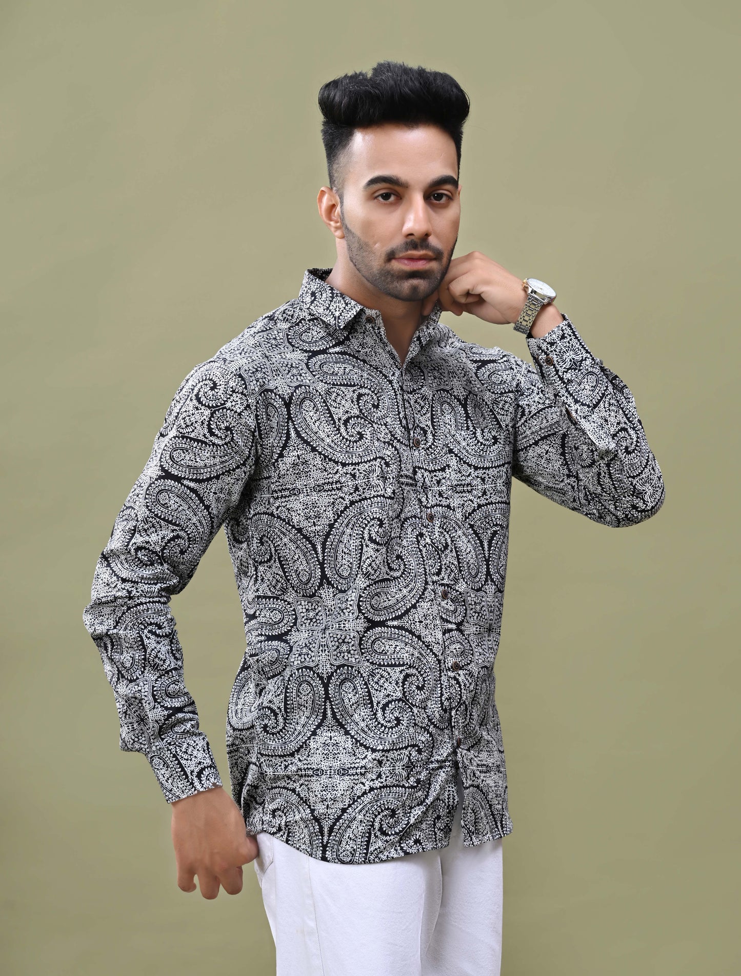 Black Full Sleeves Rajasthani Print Shirt