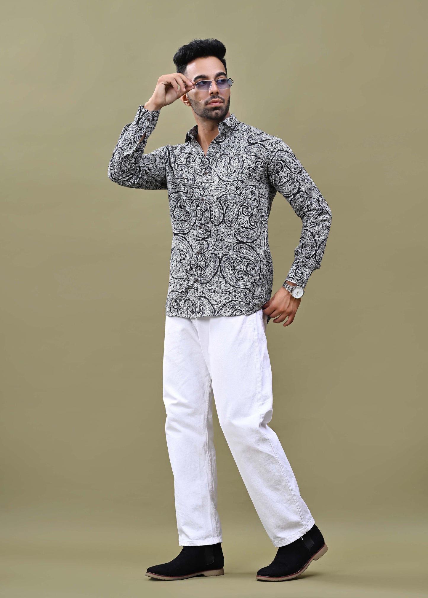 Black Full Sleeves Rajasthani Print Shirt