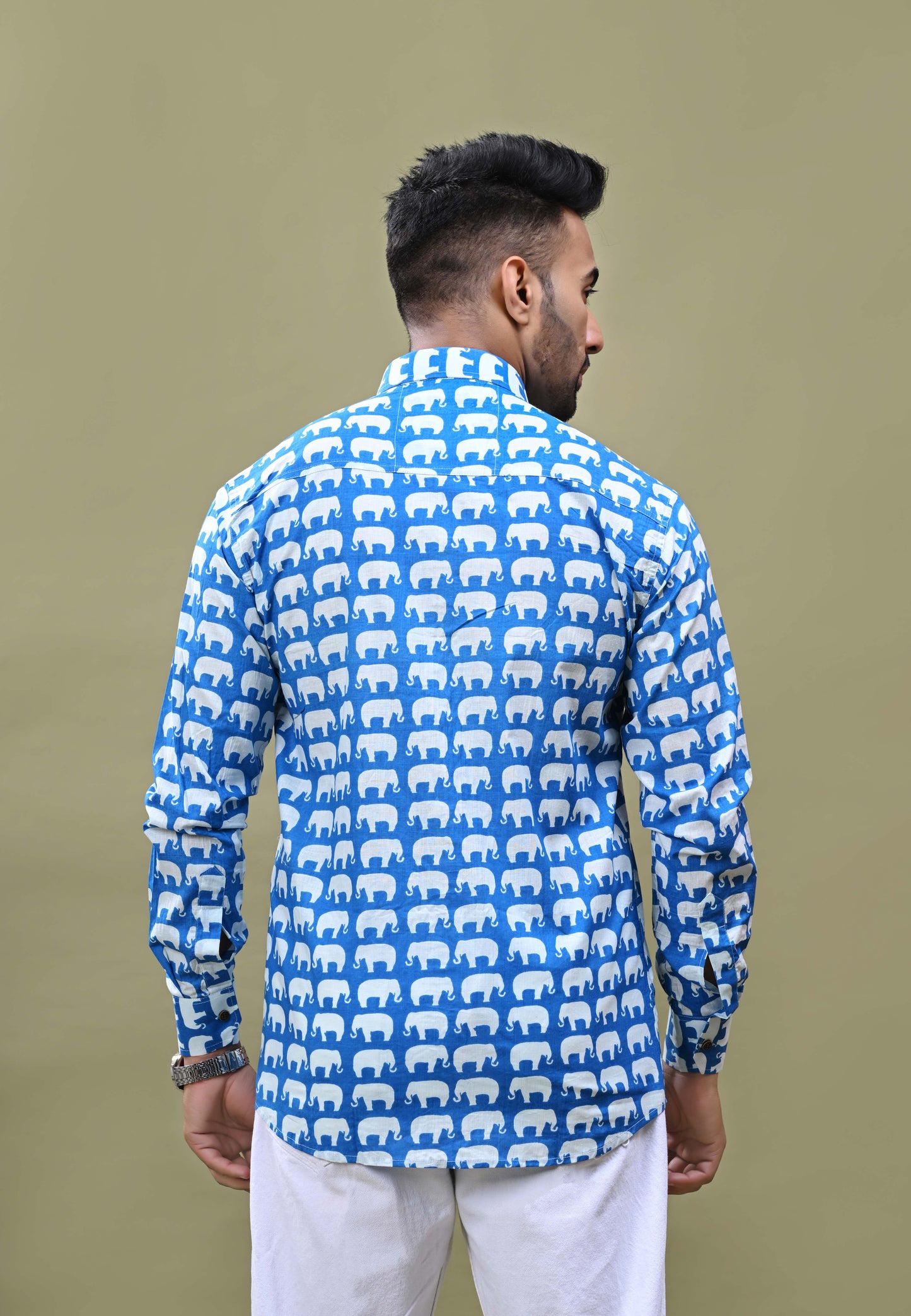 Blue Elephant Print Sanganeri Printed Cotton Shirt