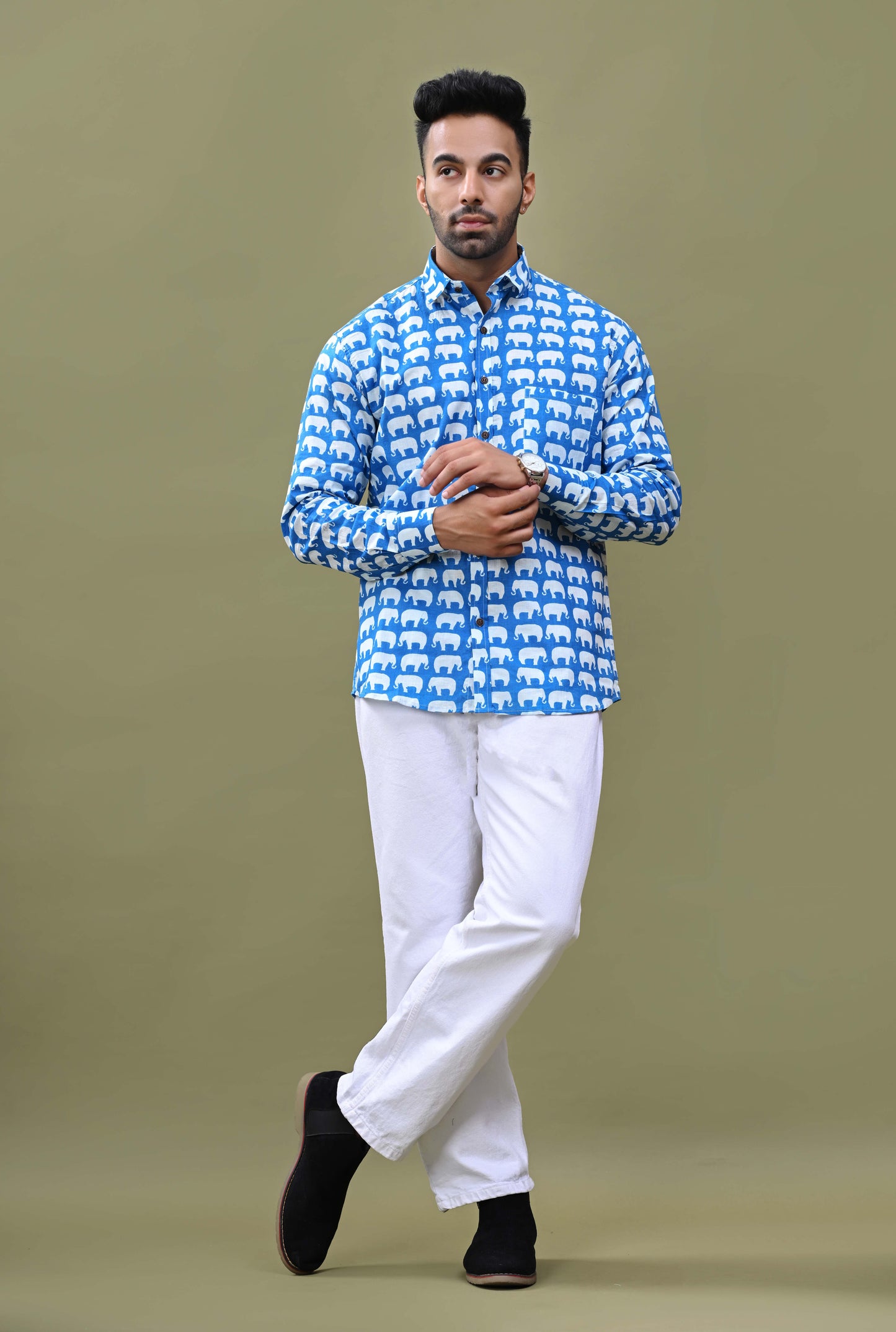 Blue Elephant Print Sanganeri Printed Cotton Shirt