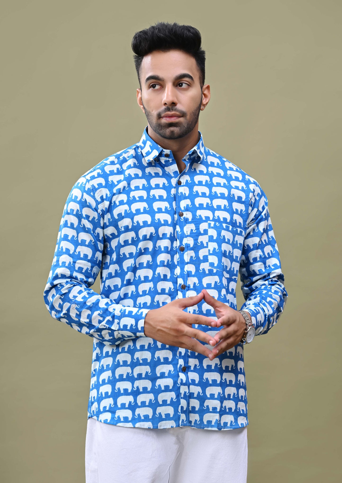 Blue Elephant Print Sanganeri Printed Cotton Shirt
