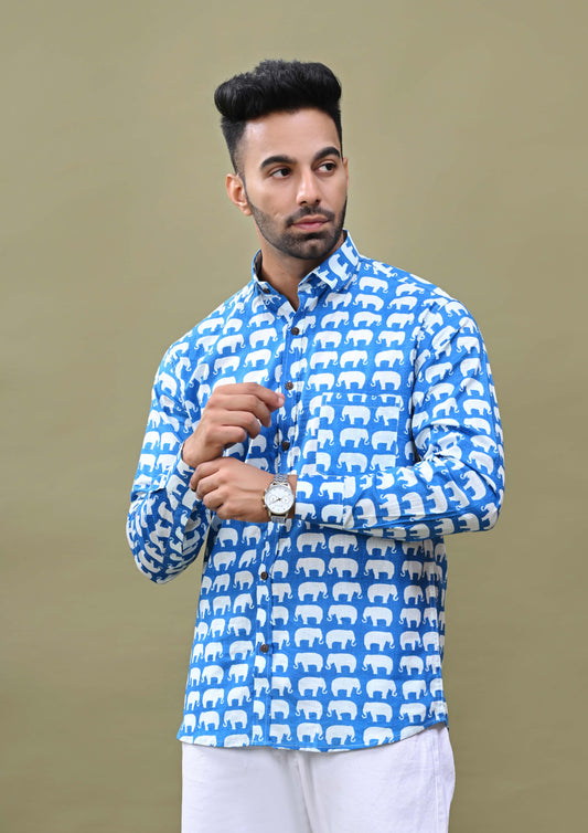 Blue Elephant Print Sanganeri Printed Cotton Shirt