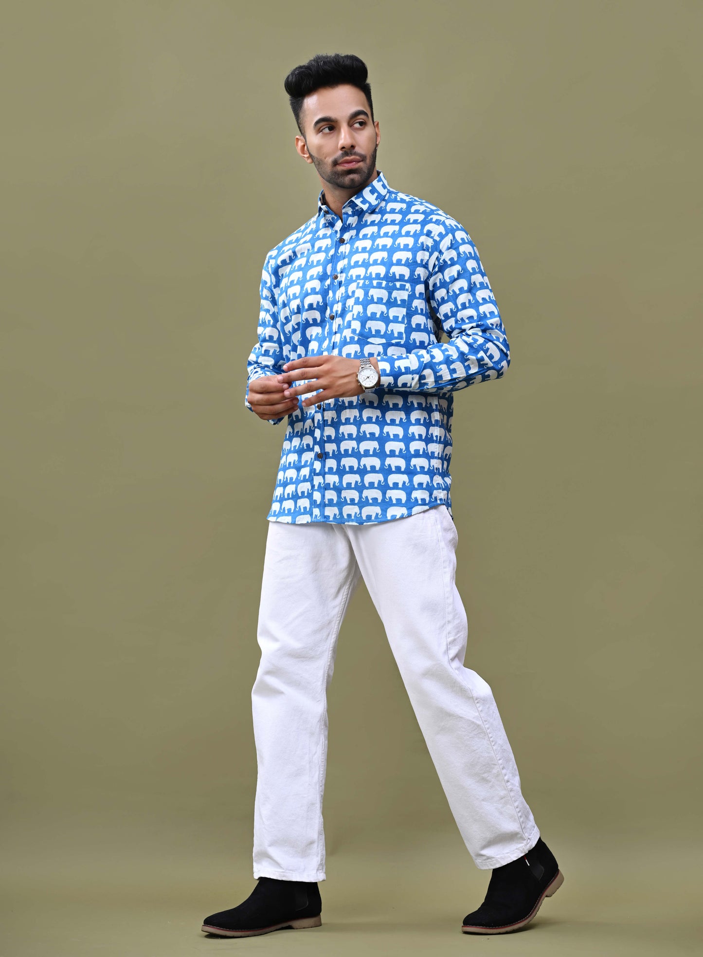Blue Elephant Print Sanganeri Printed Cotton Shirt