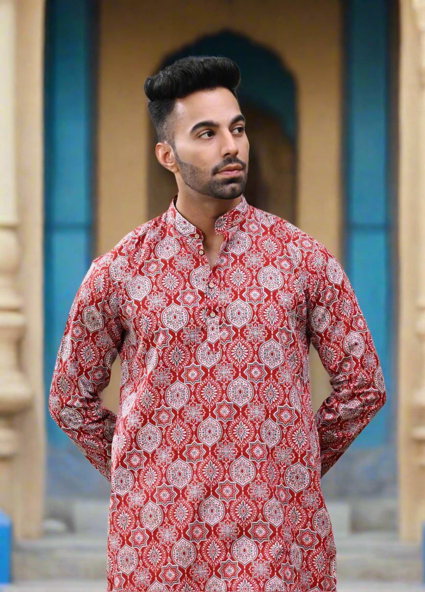 Maroon Printed Cotton Long Kurta