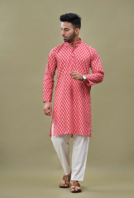 Red Printed Cotton Long Kurta