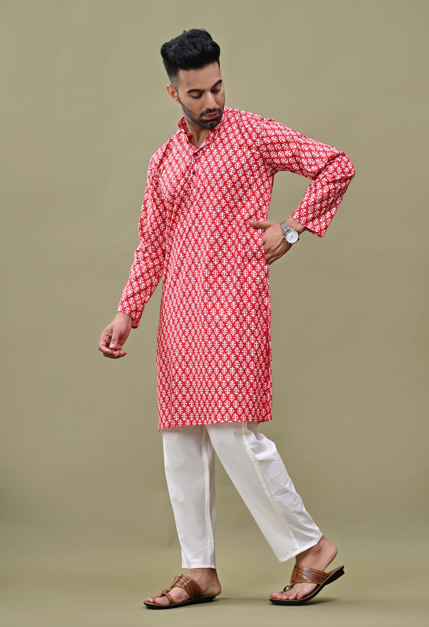Red Printed Cotton Long Kurta