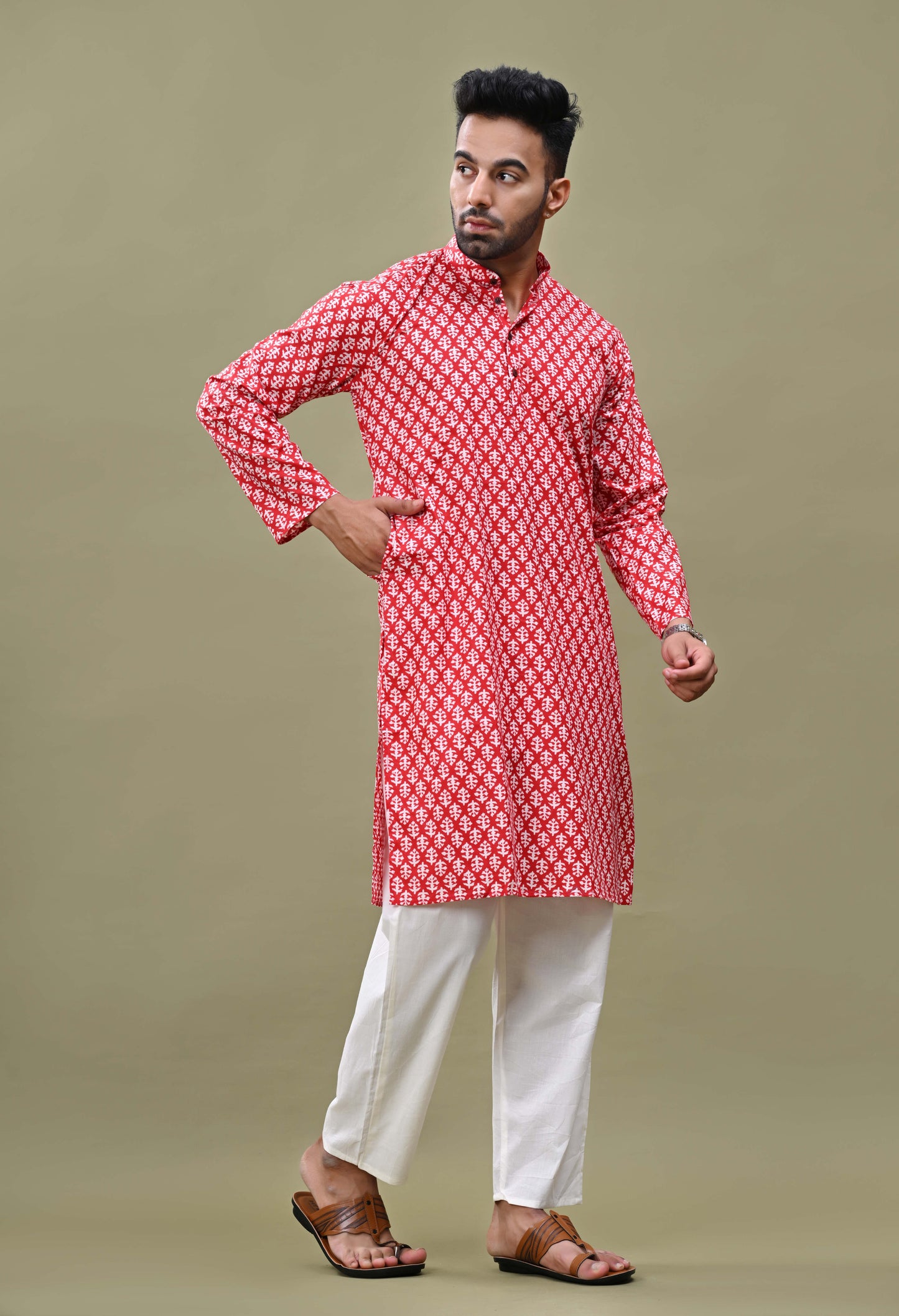 Red Printed Cotton Long Kurta