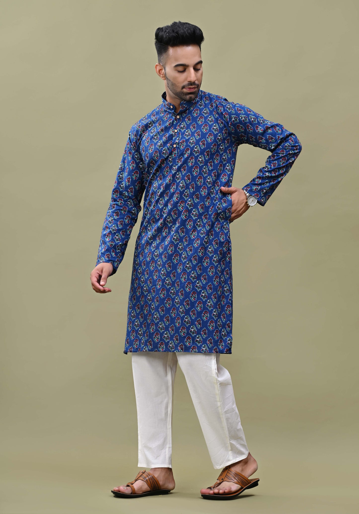 Blue Sanganeri Print Long Kurta