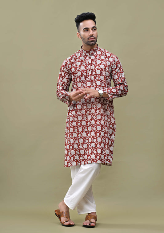 Brick Color Floral Print Cotton Long Kurta