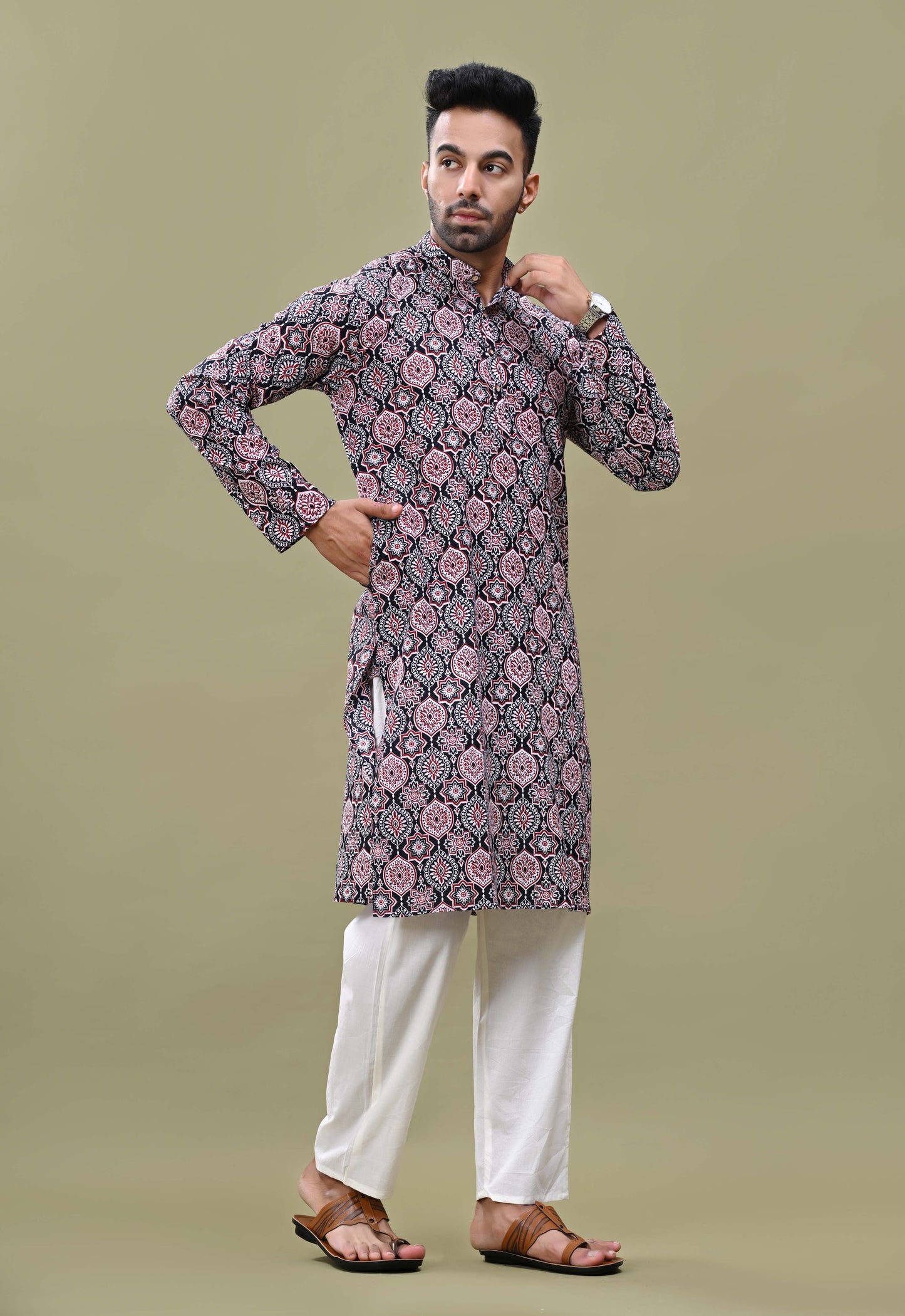 Black & Red Printed Cotton Long Kurta