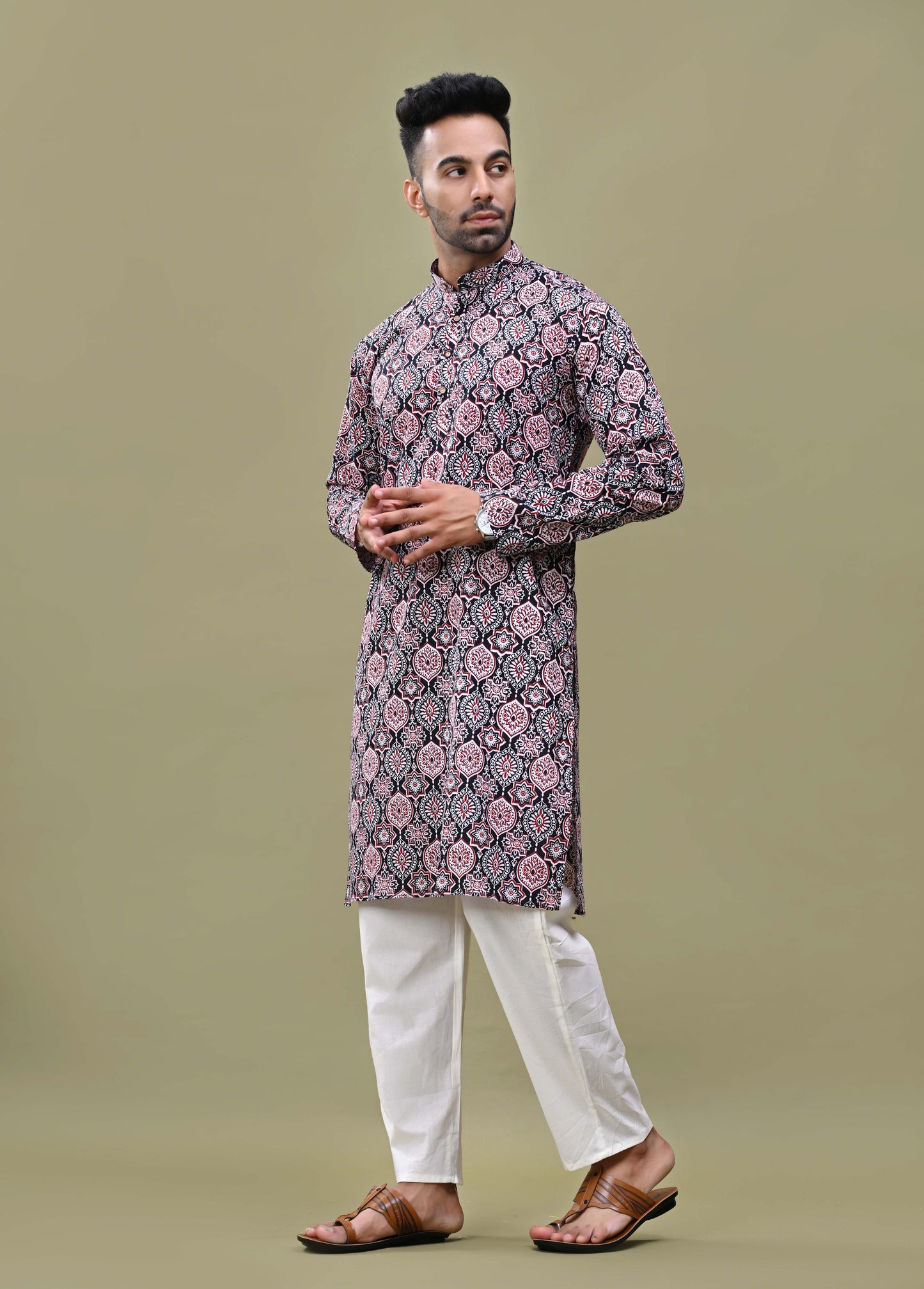 Black & Red Printed Cotton Long Kurta