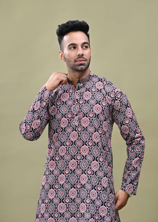 Black & Red Printed Cotton Long Kurta
