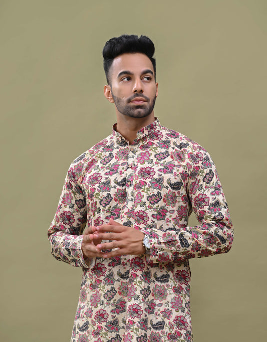 Floral Printed Off-white Cotton Long Kurta