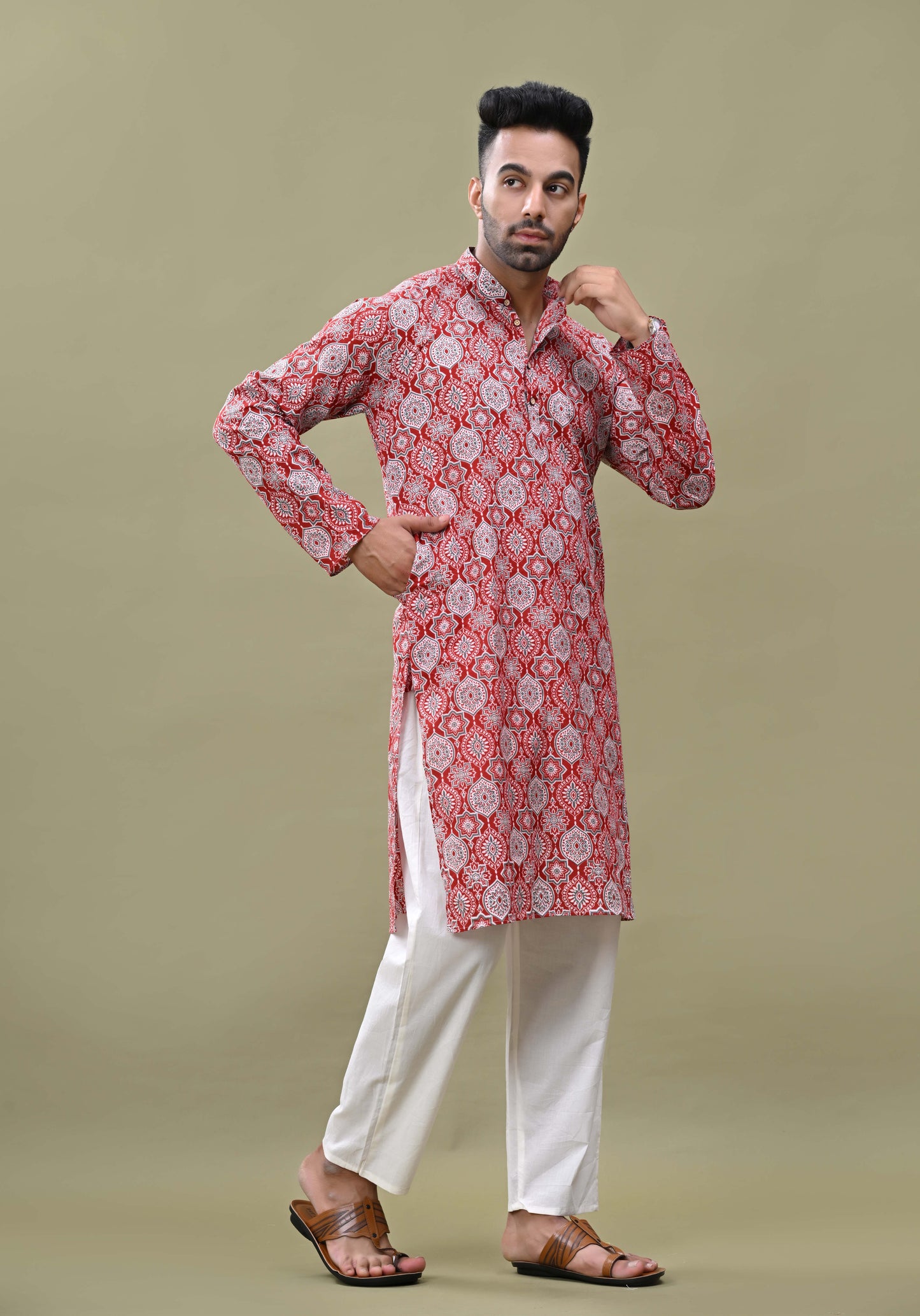 Maroon Printed Cotton Long Kurta
