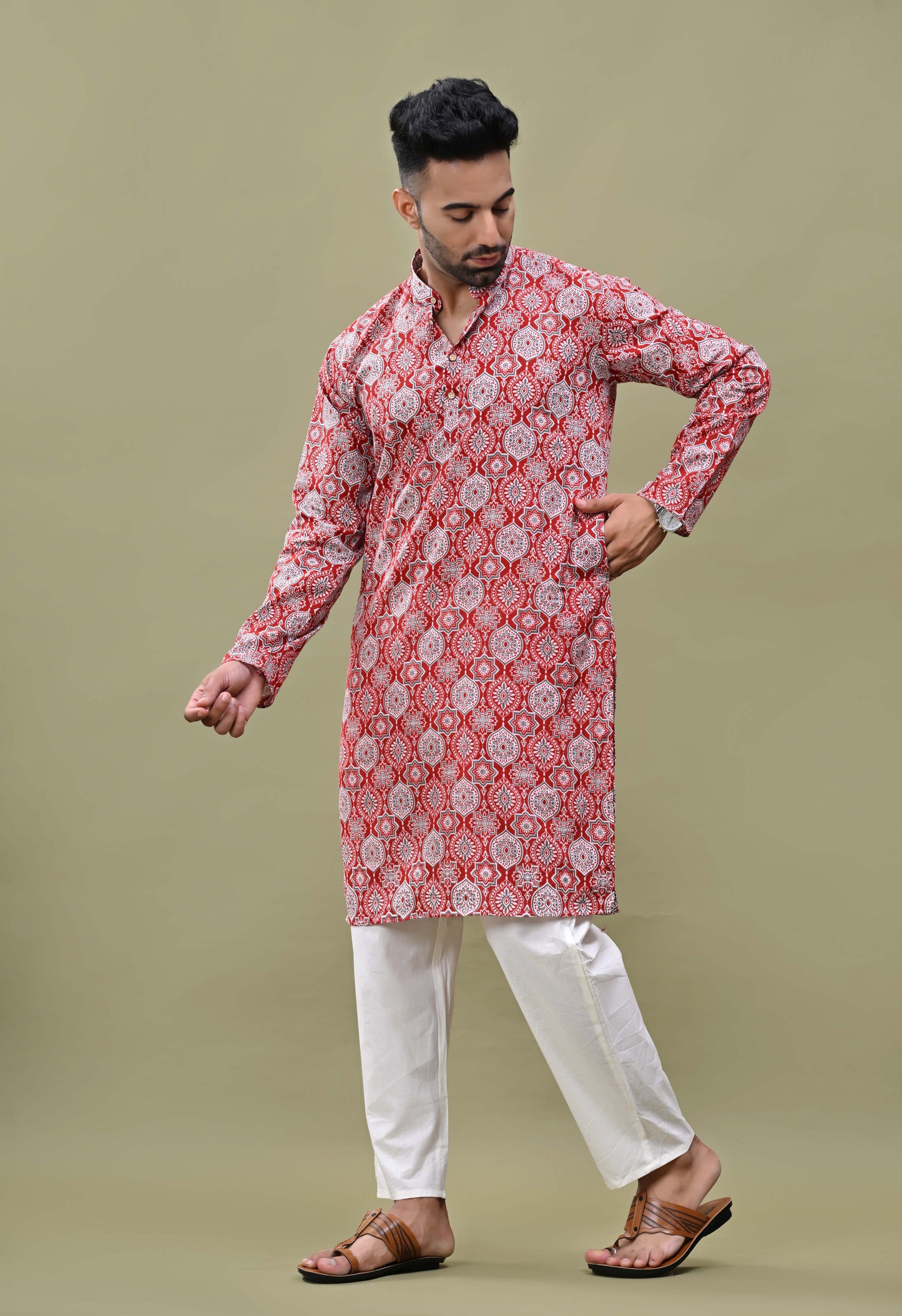 Maroon Printed Cotton Long Kurta