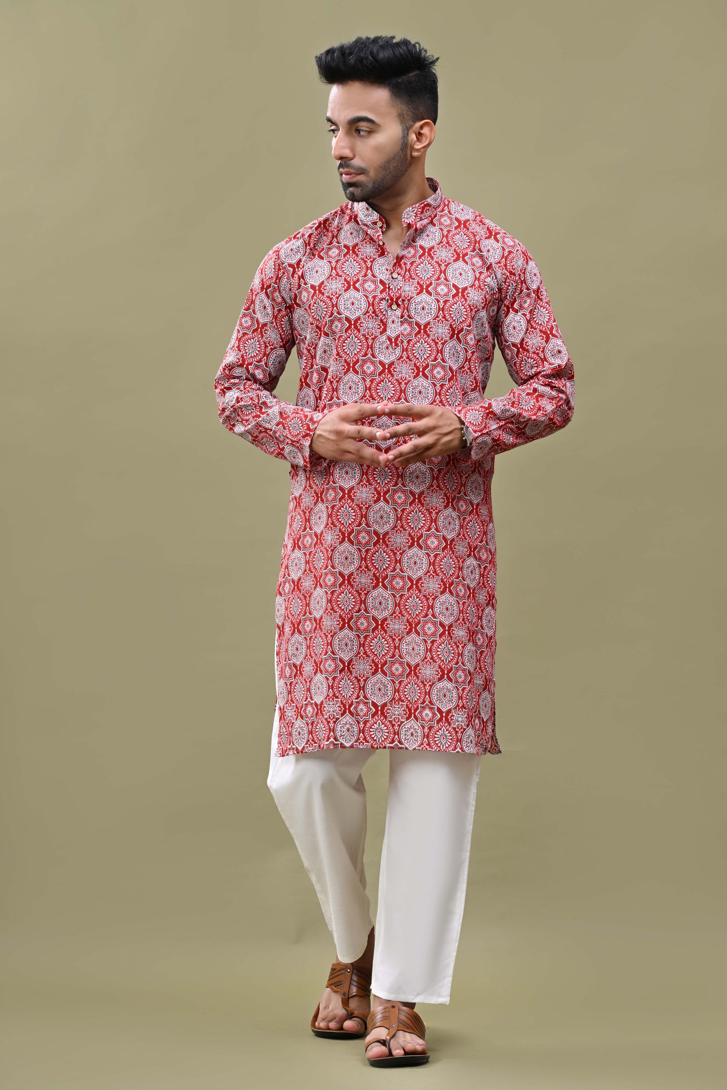 Maroon Printed Cotton Long Kurta