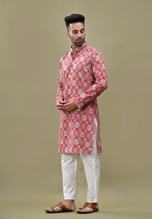 Maroon Printed Cotton Long Kurta