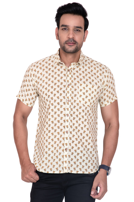 Yellow Lotus Sanganeri Printed Cotton Shirt